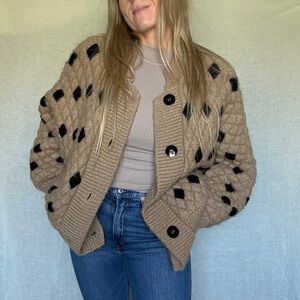 Zara ZIPPERED KNIT BOMBER Cardigan with Black Diamond Pattern Size S